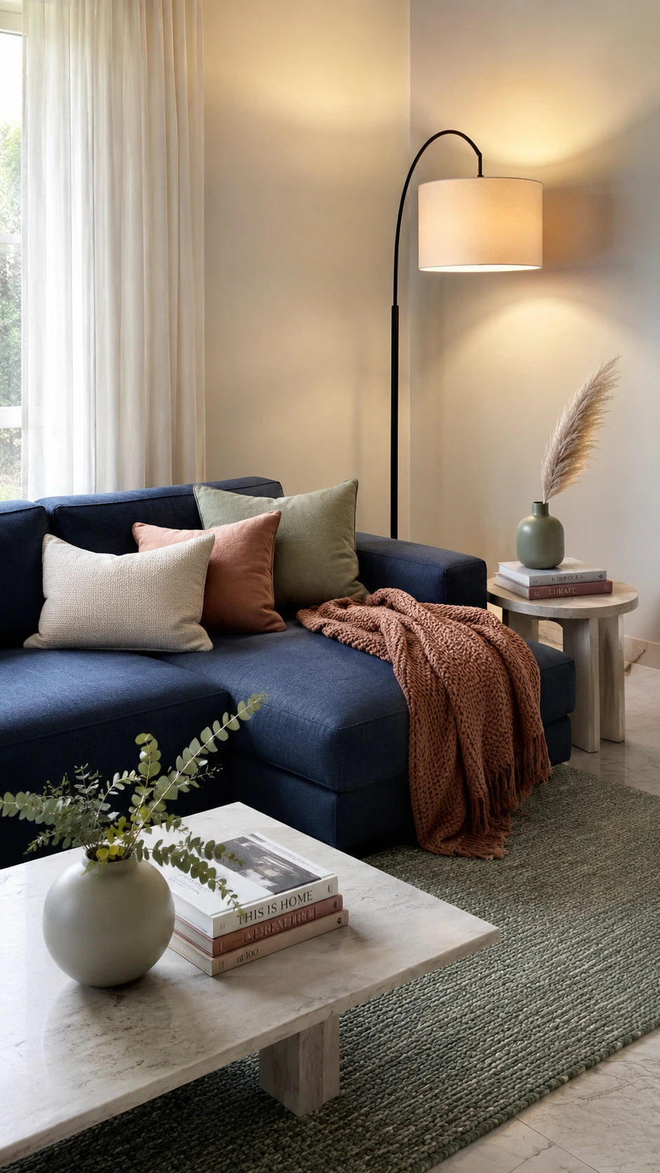 Tall arc floor lamp placed behind a sofa corner casting warm ambient light in a neutral modern living room