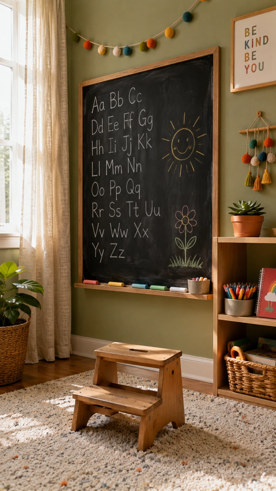 Child-height chalkboard mounted on a bright playroom wall, photographed from floor level to show how kids can comfortably reach the writing surface independently
