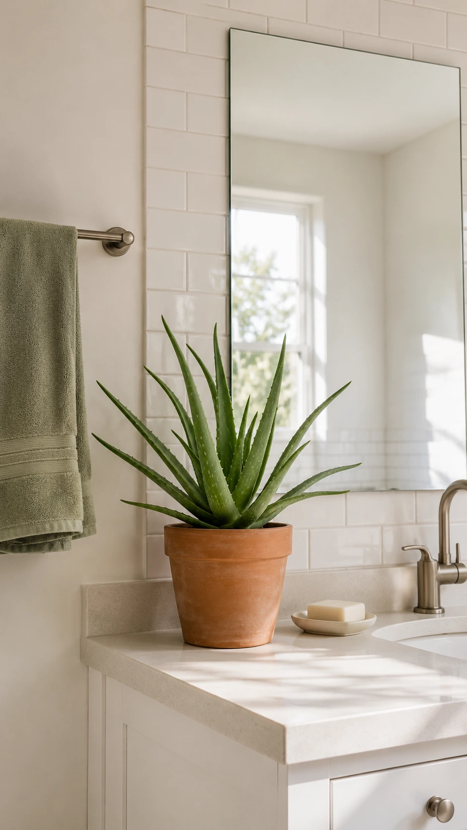 Healthy aloe vera plant in a terracotta pot on a white subway tile bathroom counter beside a frameless mirror in warm natural light