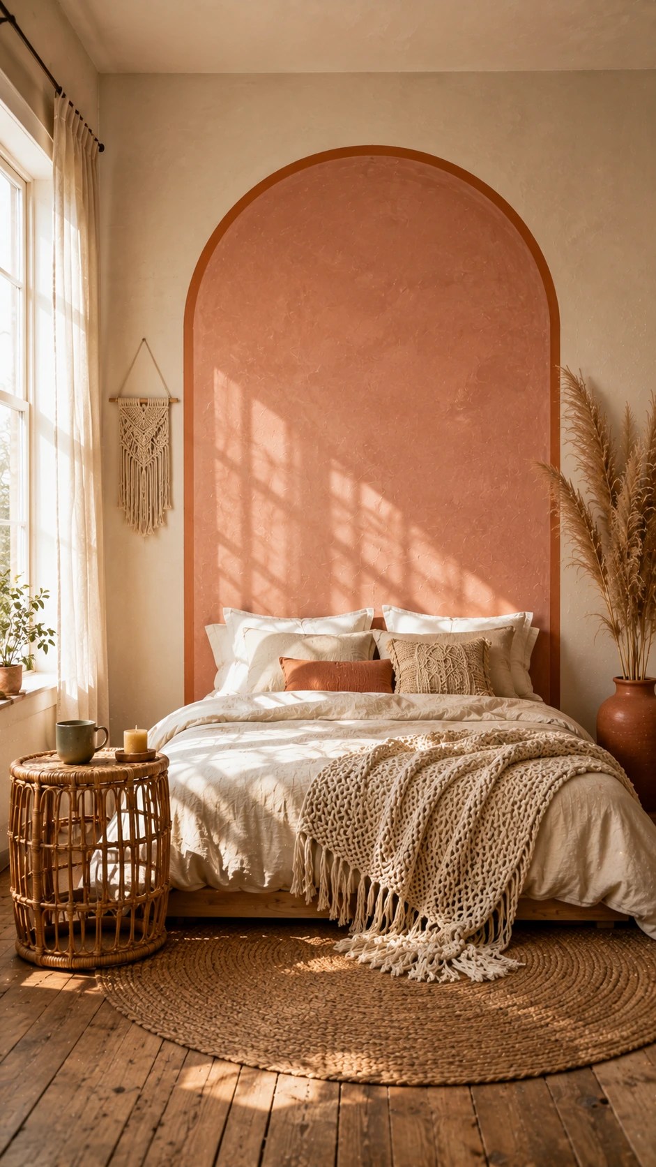 Terracotta-blush arched wall detail rising floor to ceiling on a natural plaster-toned bedroom wall, catching warm morning light to create soft sculptural shadows