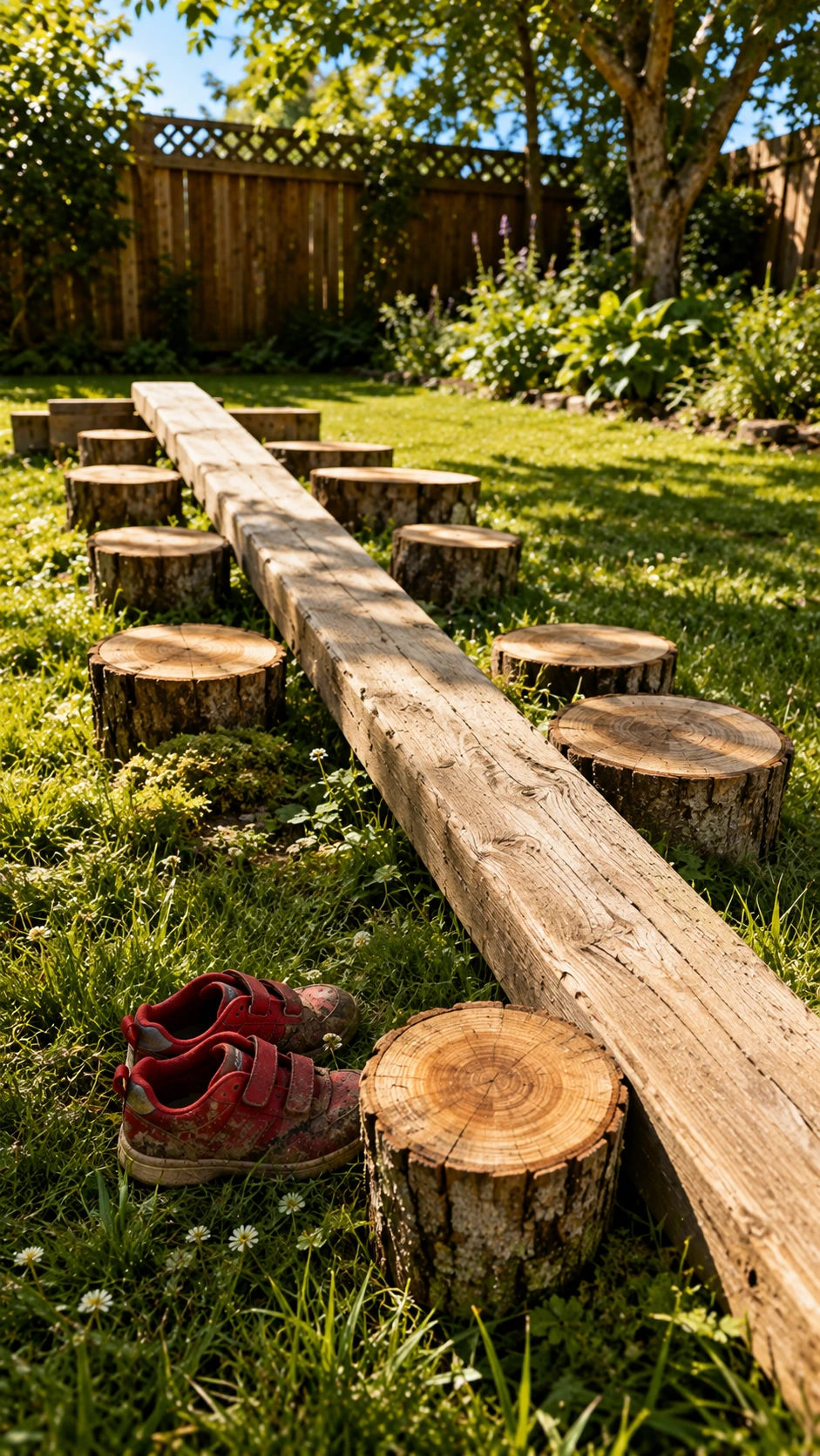 Rustic wooden balance beam set low on lush green grass in a sun-drenched backyard, surrounded by garden shrubs and a wooden fence for a natural play space