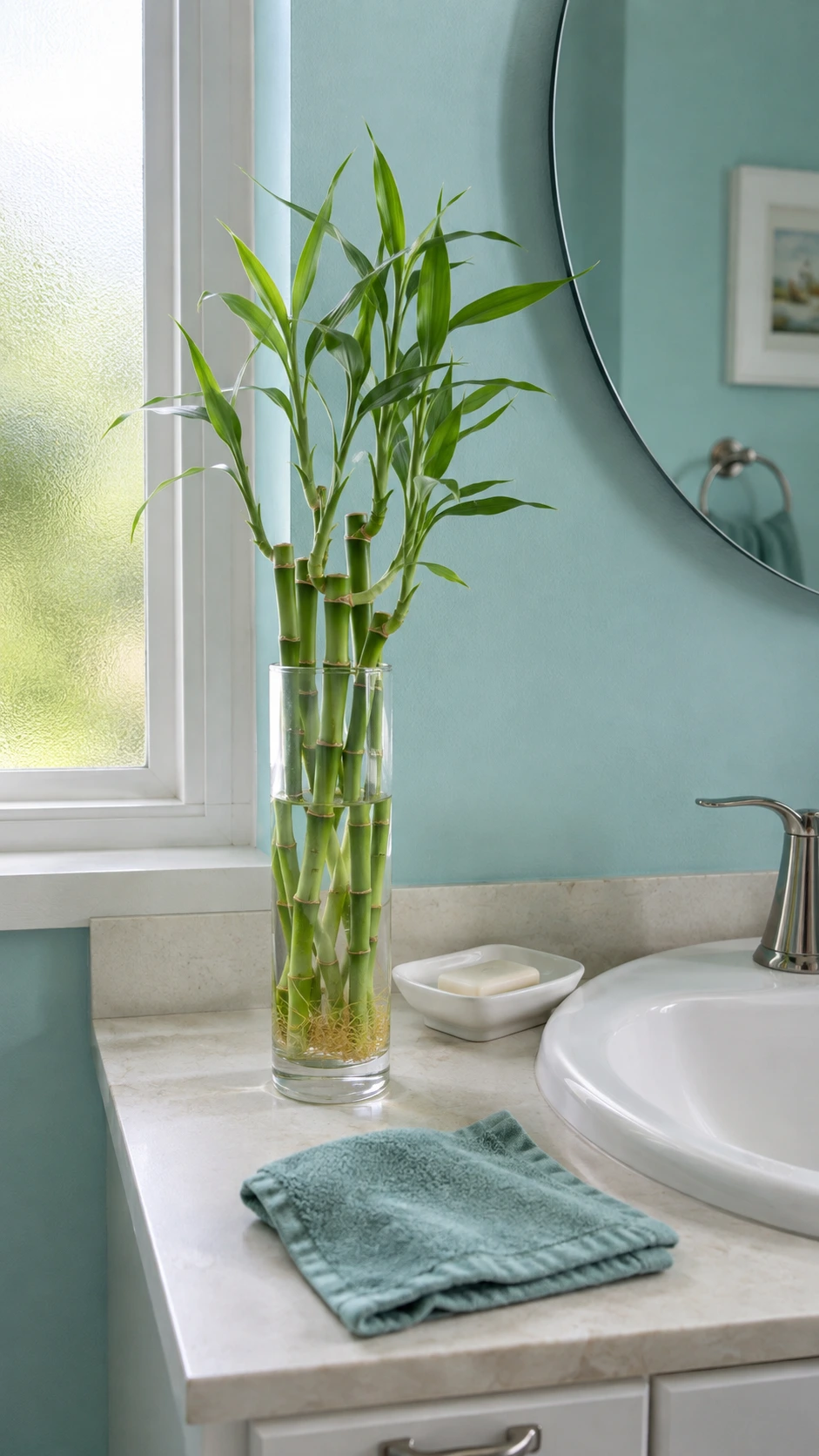 Tall glass vase of fresh bamboo stalks with green leaves displayed on a bathroom surface in bright natural light from a frosted window