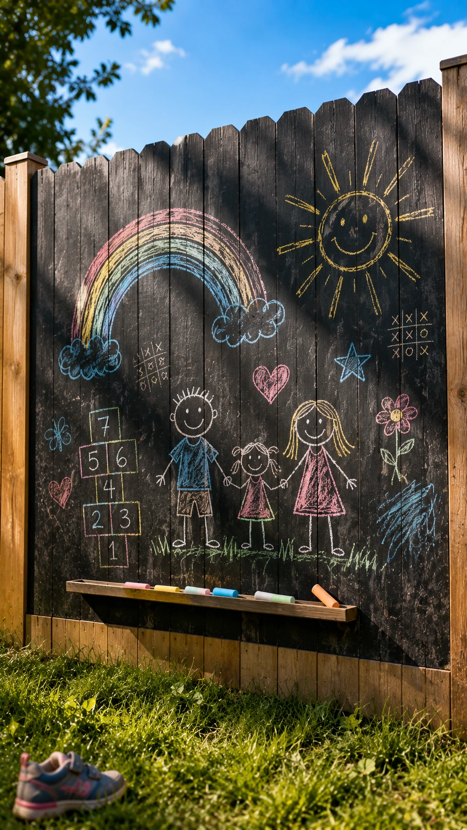 Wooden backyard fence panel painted with matte black chalkboard paint, covered in colorful children's chalk drawings of rainbows, transforming a plain fence into a creative play area