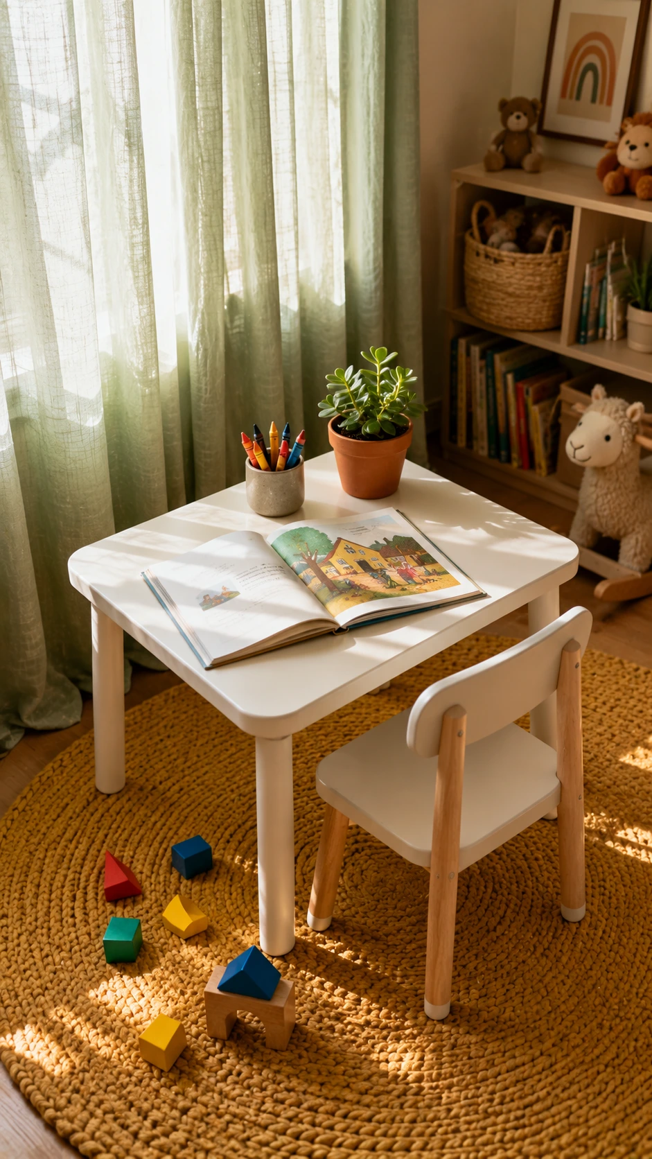 Child-sized wooden table and chair set in a bright playroom corner with colorful rug and sage green linen curtains, showing ideal proportions for a kids learning corner at home