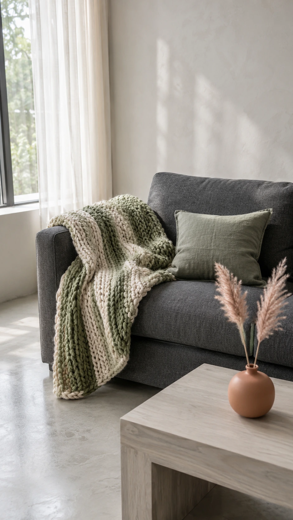 Chunky knit throw casually folded over the arm of a charcoal gray sofa in a bright modern living room with natural light and concrete floors