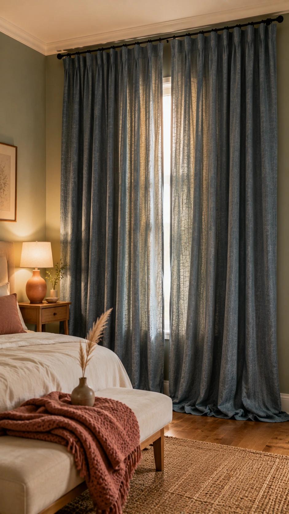 Floor-to-ceiling ripple-fold blackout curtains in a linen texture hang from a slim matte black rod, puddling softly on hardwood floors in a sage green bedroom