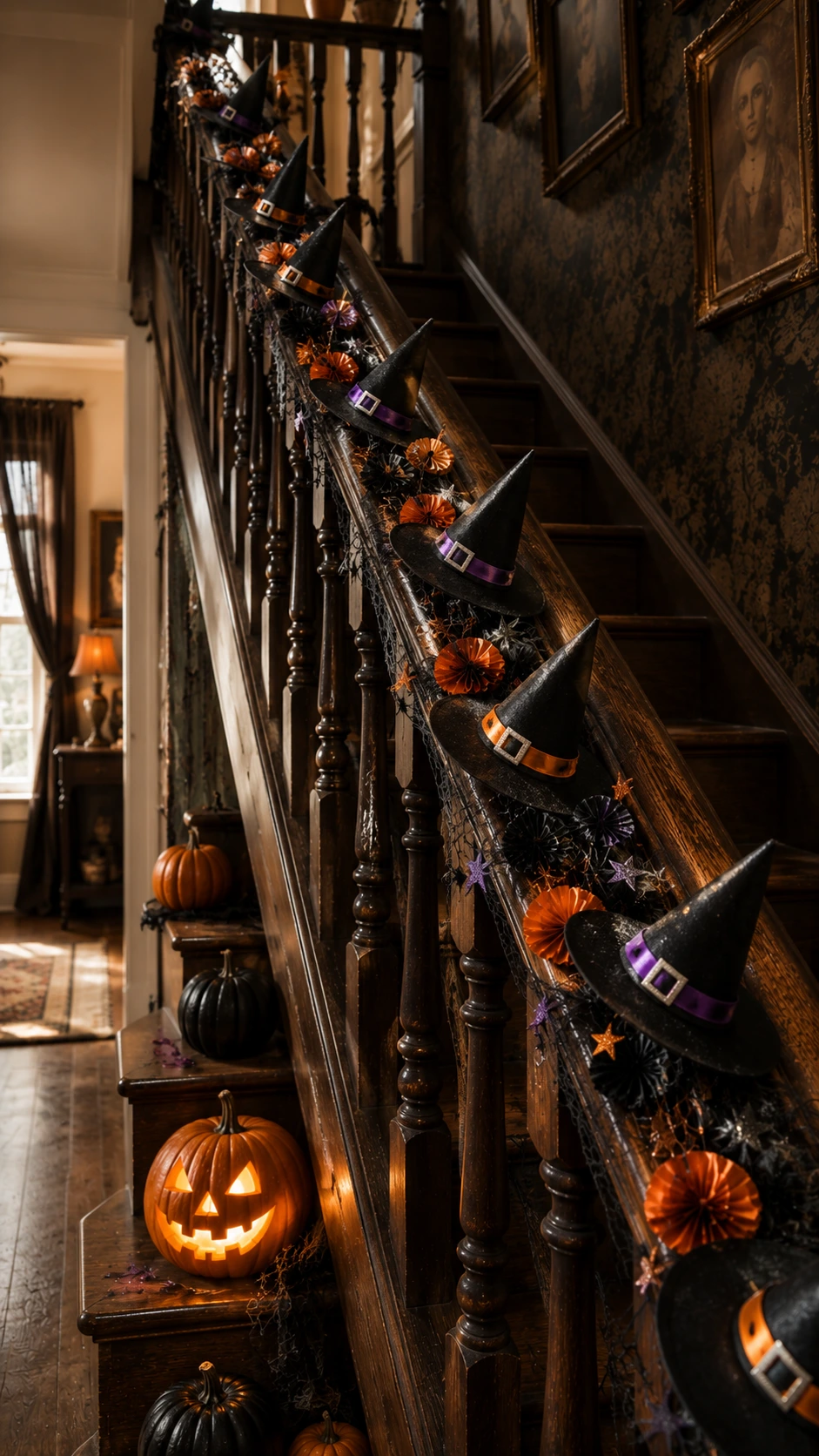 Dark-stained wooden staircase railing draped with a handmade witch hat garland of miniature black pointed hats winding from bottom step to upper landing