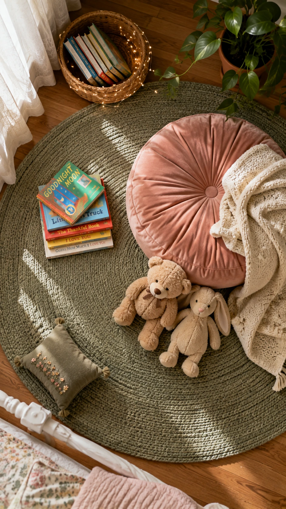 Overhead flat-lay of a child's reading nook featuring a sage green round rug and colorful picture books in a cozy bedroom corner