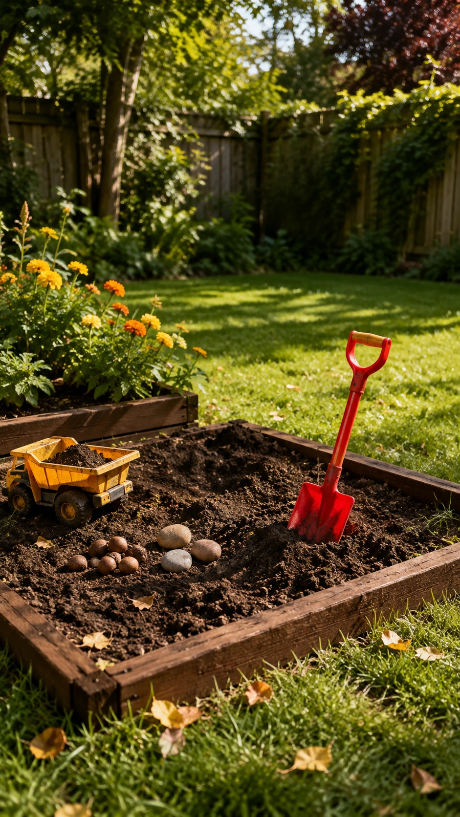Wooden-bordered designated digging spot filled with rich dark soil in a sunny backyard, giving kids a contained space to dig freely