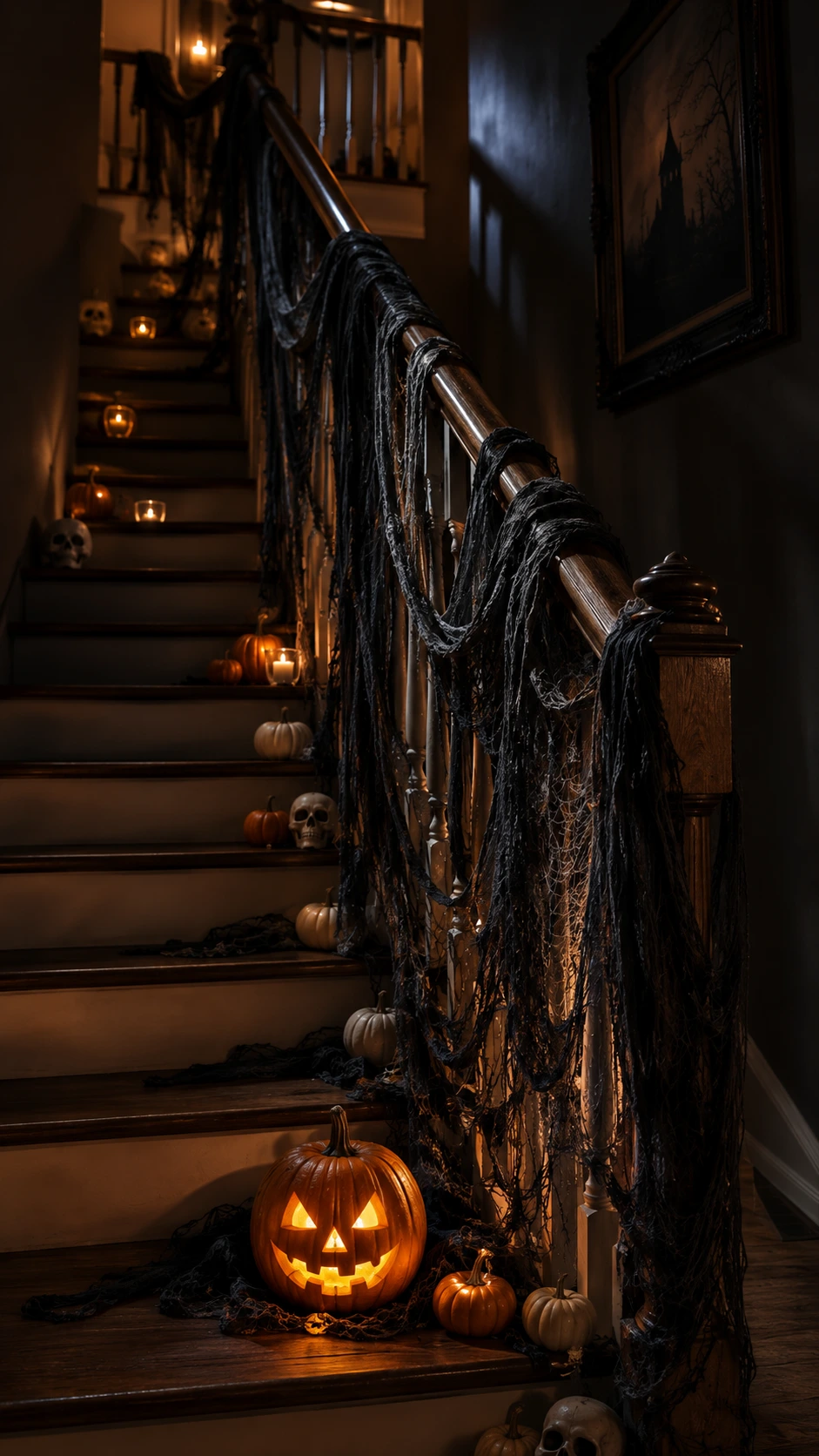 Dark staircase draped in black cheesecloth from bottom step to landing, with a glowing jack-o-lantern casting amber candlelight on the wooden banister for Halloween