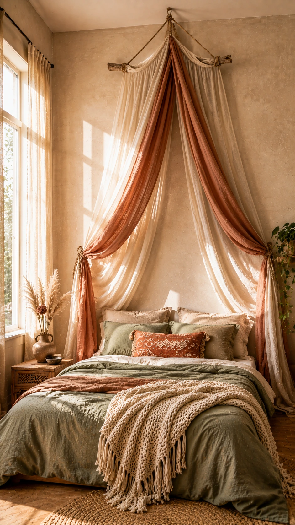 Draped fabric canopy feature wall in a warm bedroom, with sheer ivory and terracotta linen panels gathered above the bed in soft afternoon light