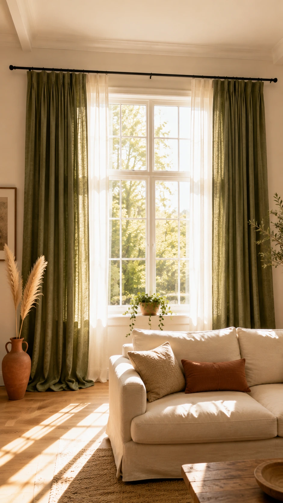 Curtain rod mounted wide and high above a large window in a bright living room, making the space feel taller and more expansive