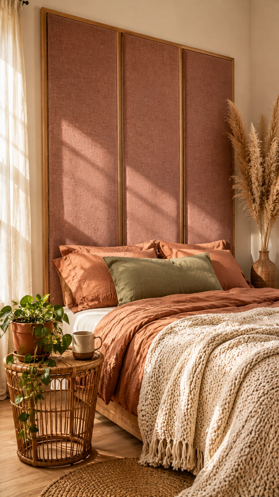 Floor-to-ceiling upholstered fabric panel feature wall in a sunlit bedroom with ivory walls, natural wood flooring, and a rattan side table styled with a pothos plant