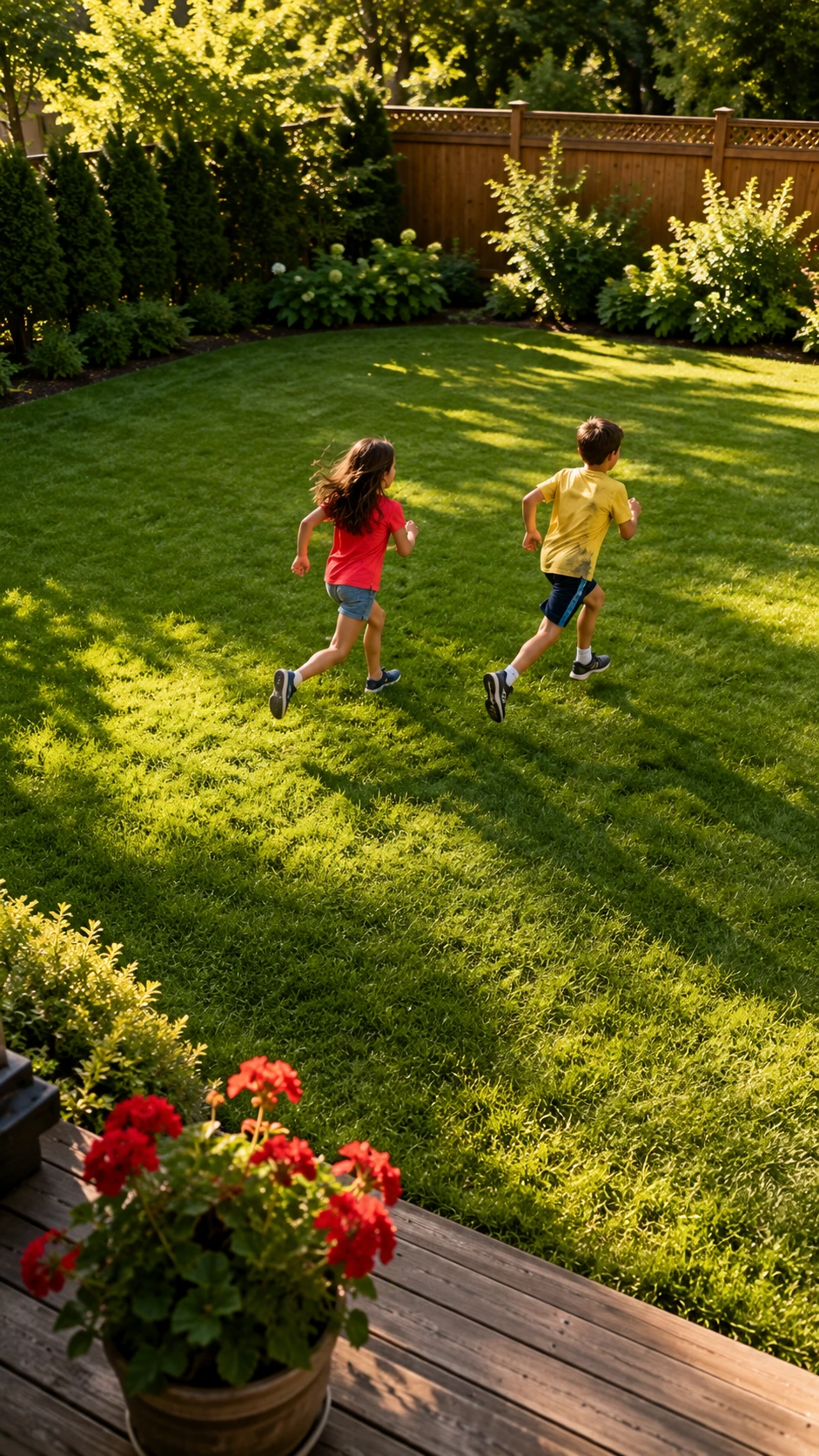 Sun-drenched suburban backyard with a wide, flat grassy lawn stretching from a low wooden deck to a warm wood privacy fence, showing the ideal open running space for kids
