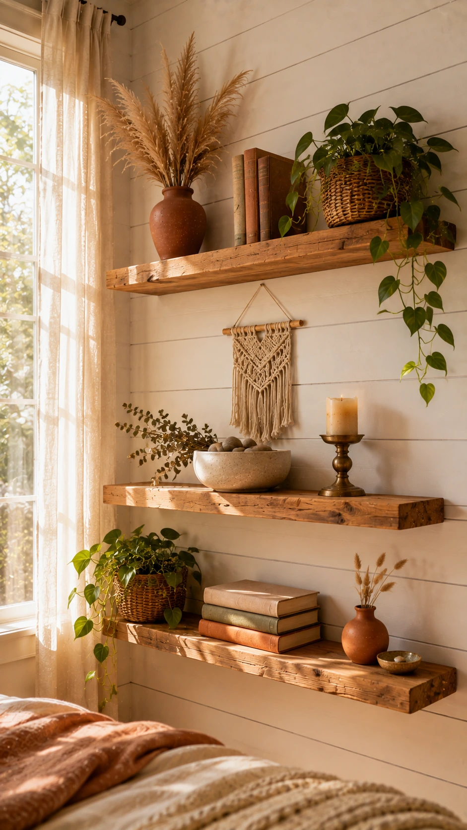 Three staggered natural wood floating shelves on a white shiplap bedroom feature wall, bathed in soft morning light from a sheer-curtained window