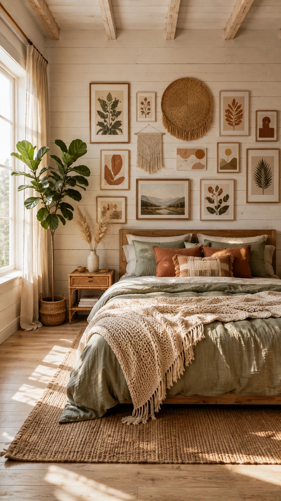Curated botanical gallery wall spanning a whitewashed plank headboard wall in a light-filled bedroom with linen curtains and pale oak floors
