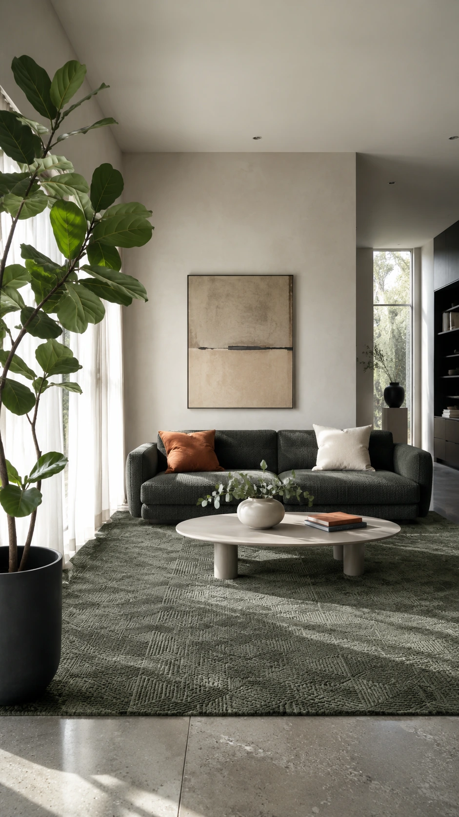 Deep dusty sage green textured area rug anchoring a modern sofa arrangement on polished concrete floors, showing how the right rug grounds a living room.