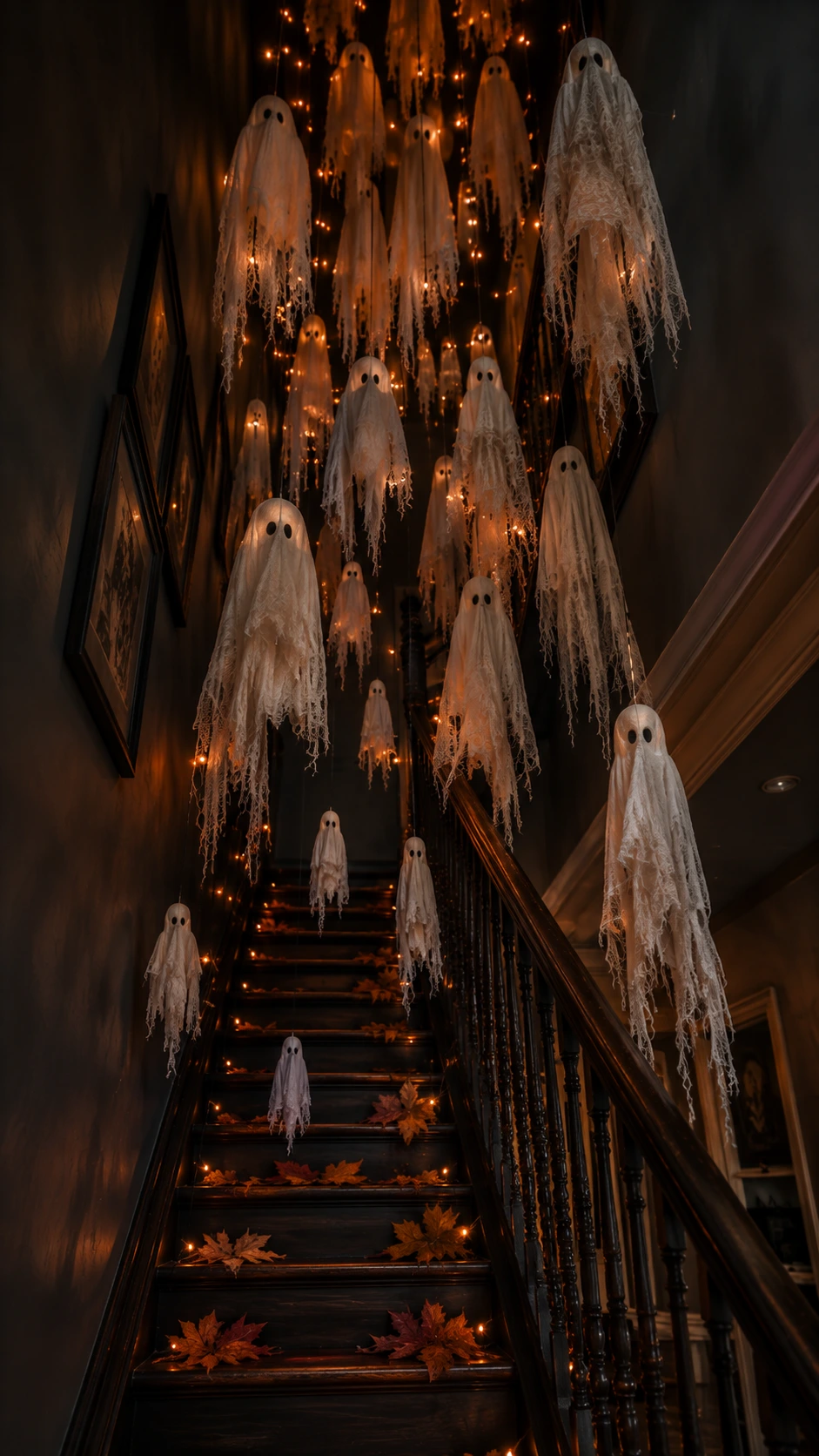 Cascading Halloween ghost display hanging from ceiling above dark charcoal staircase, dozens of cheesecloth and gauze figures trailing downward at varying lengths