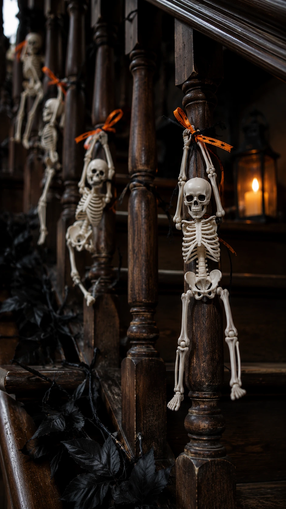 Miniature white plastic skeletons hooked to dark wood banister spindles at varying heights, a simple Halloween staircase idea with big visual impact