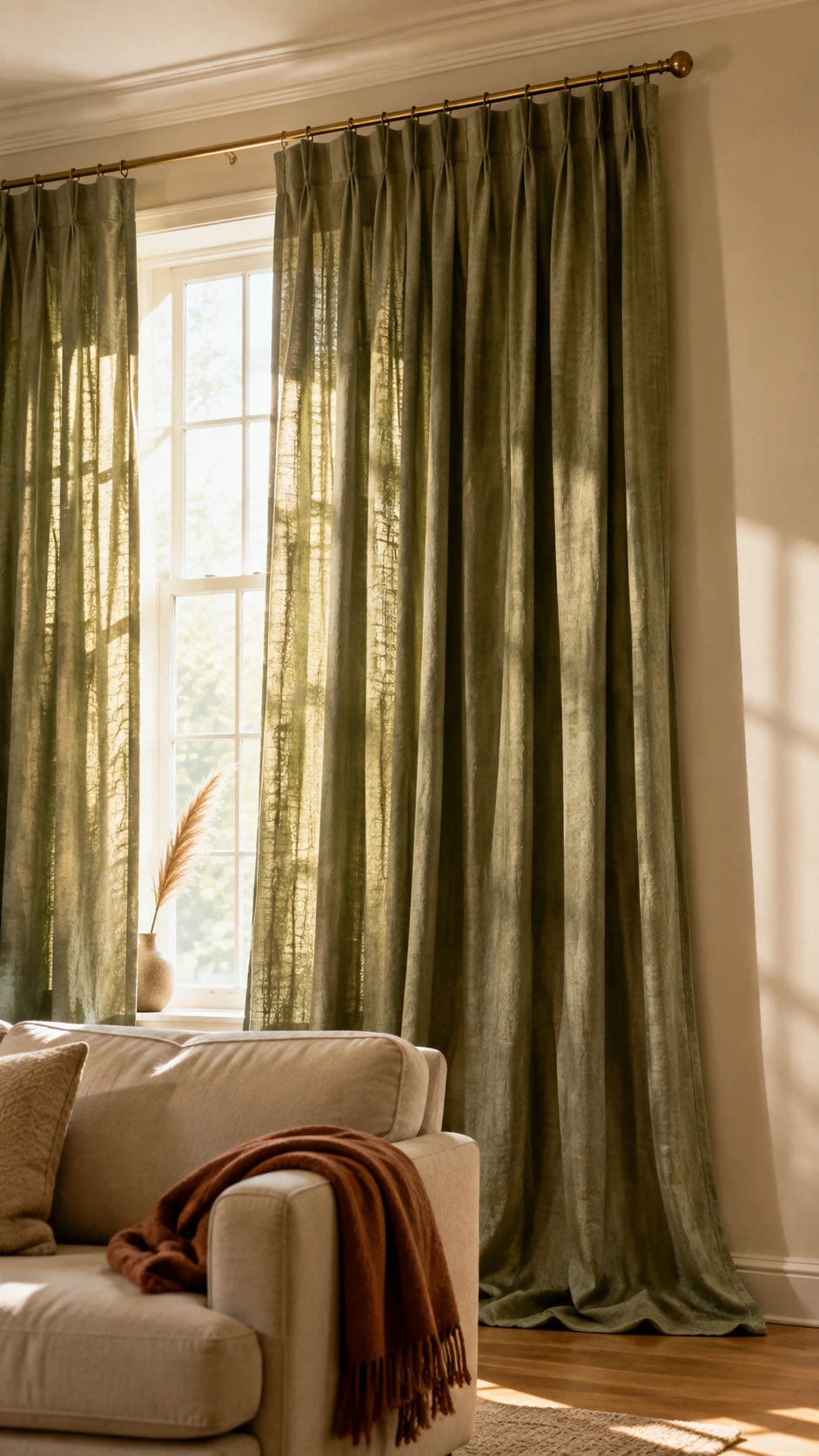 Floor-to-ceiling dusty sage linen curtains hung near crown molding on a brass rod, making the window appear dramatically taller in a cream living room