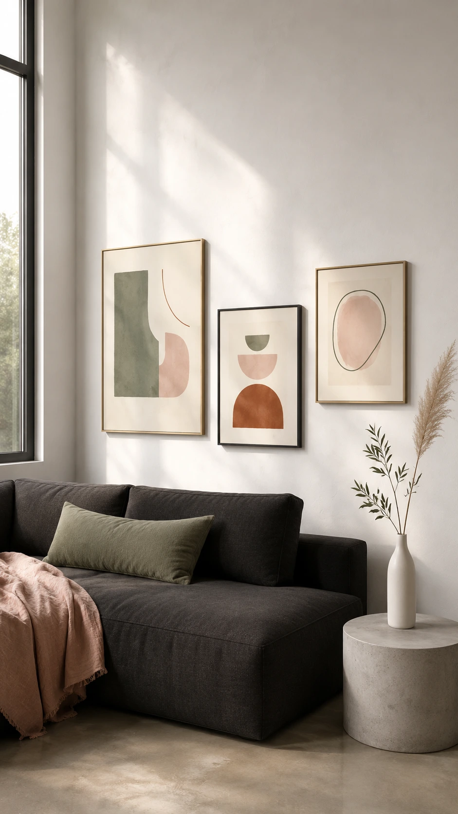 Charcoal sofa with three framed artworks hung at sofa height on white plaster wall, showing how low art placement creates an intentional, eye-level focal point