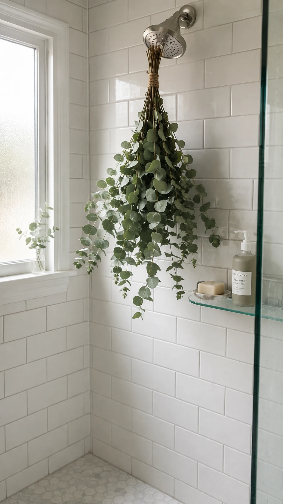 Fresh eucalyptus bundle tied with twine and hung from a showerhead, filling a bright daylit bathroom shower with silvery-green leaves and natural aromatherapy