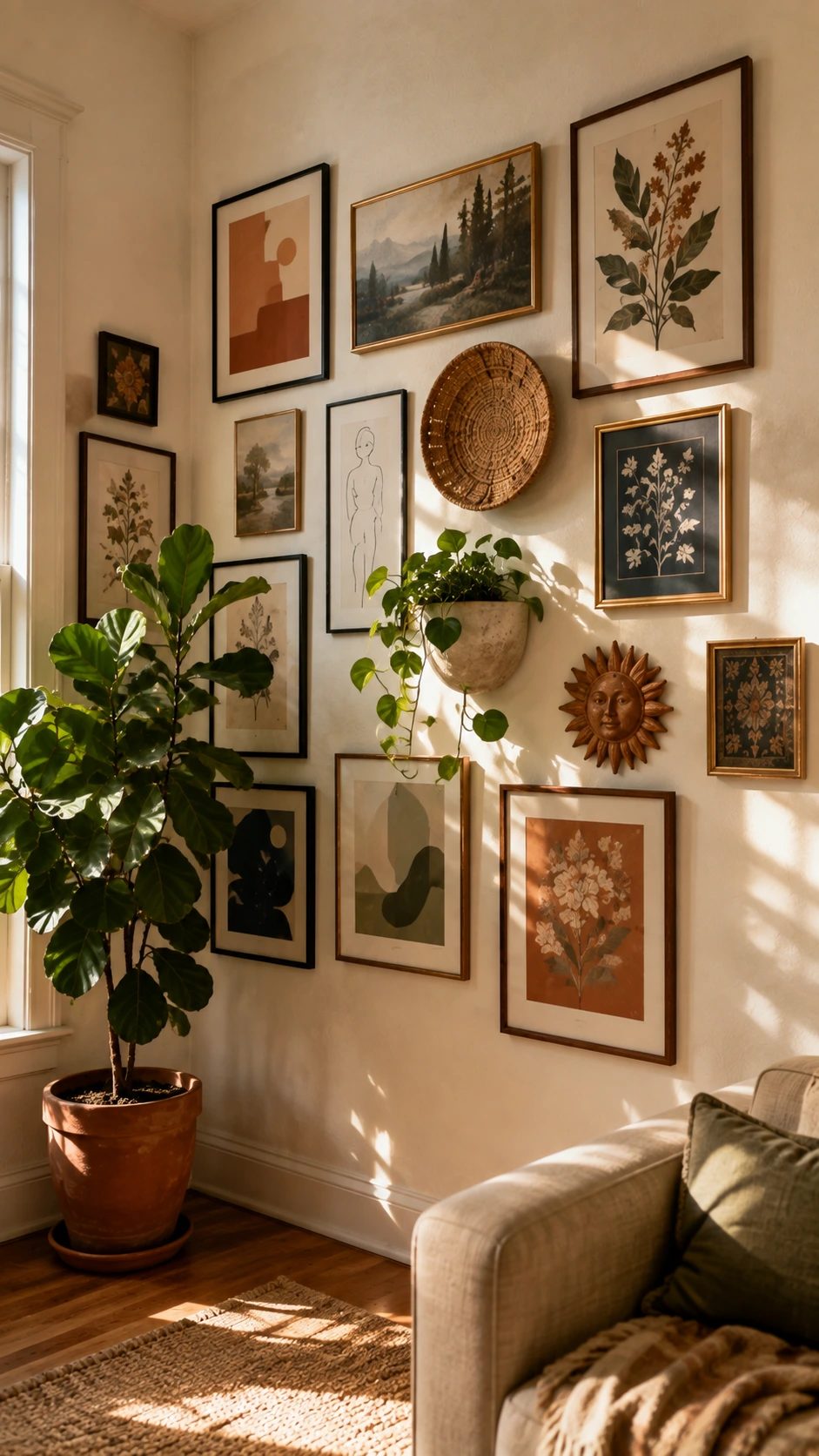 Floor-to-ceiling gallery wall corner with mixed framed artwork and 3D elements, warm afternoon light casting shadows across the layered arrangement