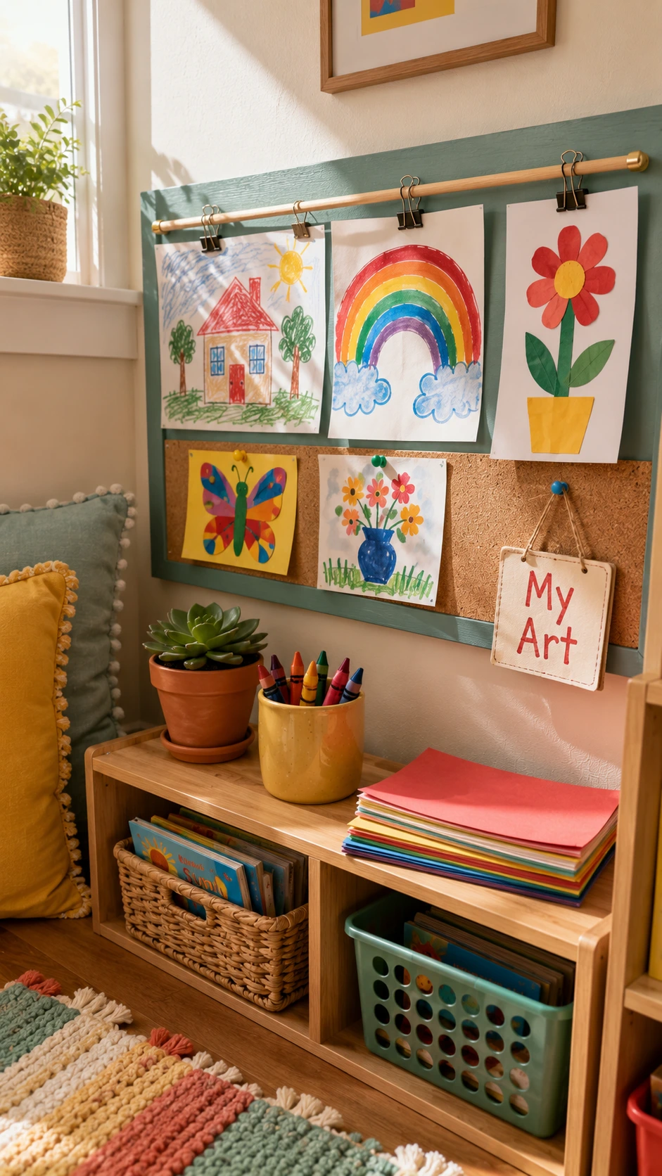 Low wall-mounted gallery display at child's eye level showing crayon drawings and watercolor paintings in a bright home learning corner