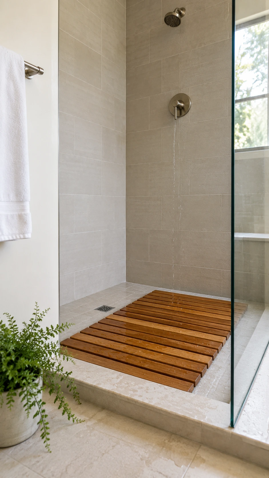 Slatted teak bath mat resting on a walk-in shower floor, adding warmth and spa-like texture to a muted putty-toned tiled bathroom