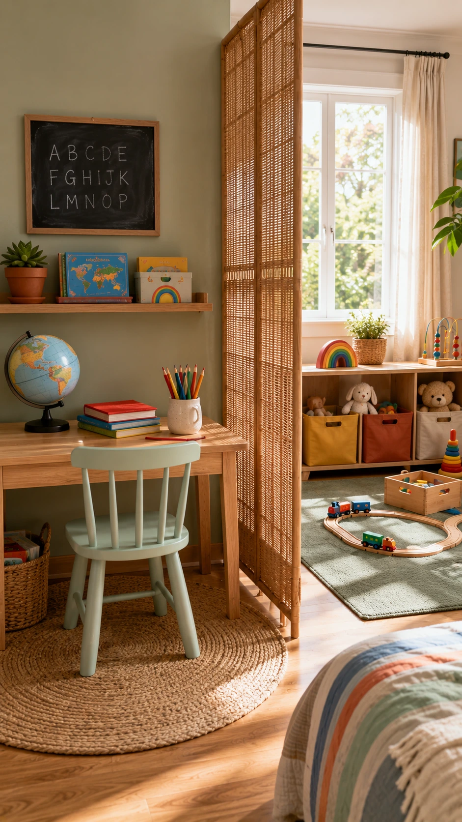 Child-height wooden desk in a bright bedroom corner clearly separated from nearby toy bins, showing how to organize a kids learning corner without distractions