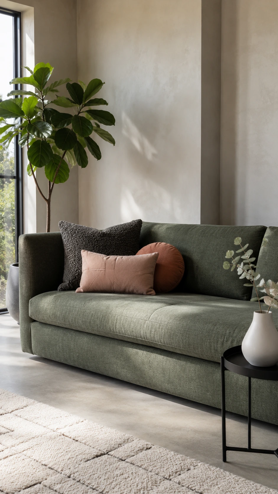 Dusty sage green linen sofa with one corner intentionally left pillow-free, styled in a bright modern living room with natural light and concrete floors