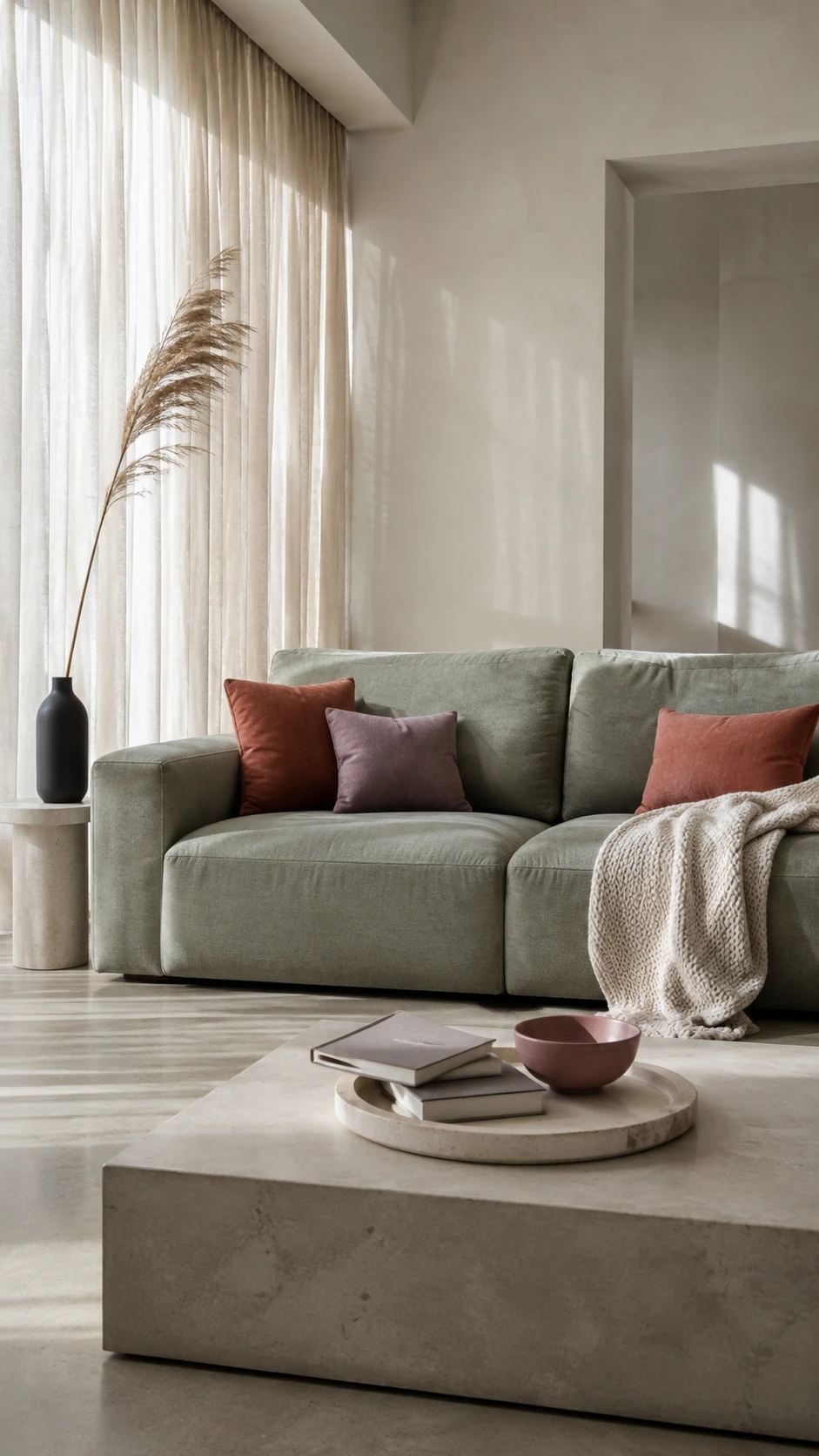 Muted sage-gray sofa in a sunlit modern living room with sheer linen curtains and light stone floors, showing how a calm sofa color lets accent pieces shine