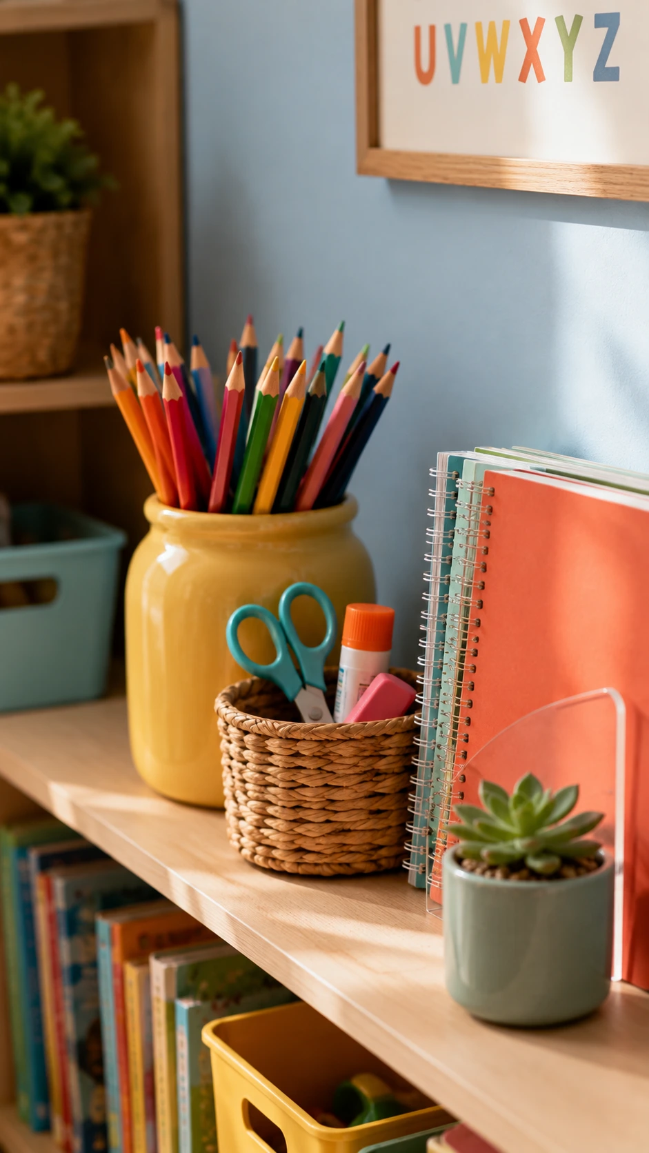 Low wooden shelf filled with colorful school supplies arranged at a child's eye level in a sky blue kids learning corner at home