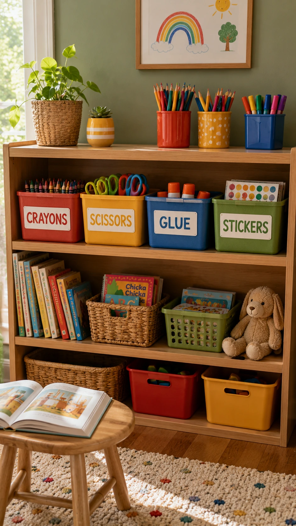 Colorful storage bins with bold chunky hand-printed labels organized on a low shelf in a kids learning corner against a sage green wall