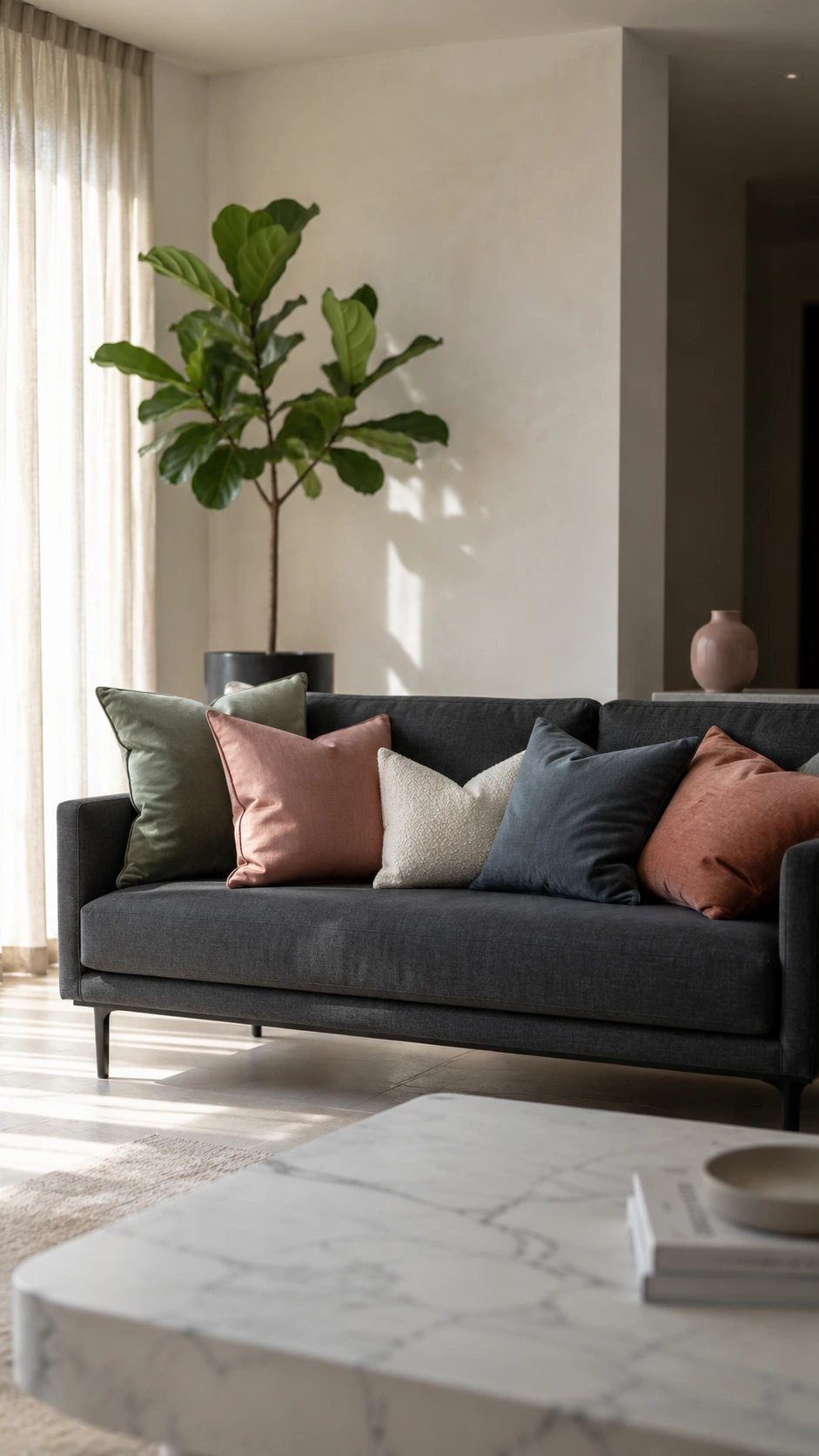 Modern living room sofa styled with layered throw pillows arranged in odd numbers, bathed in soft midmorning light against warm white plaster walls