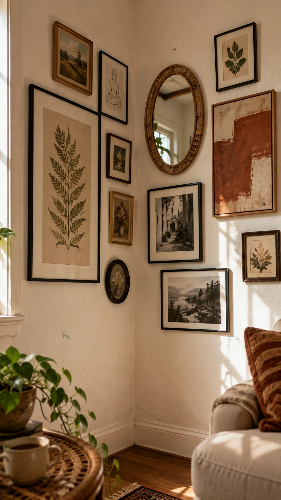 Gallery wall corner arrangement wrapping across two warm white plaster walls, with frames cascading vertically from floor to ceiling in a loose, flowing composition