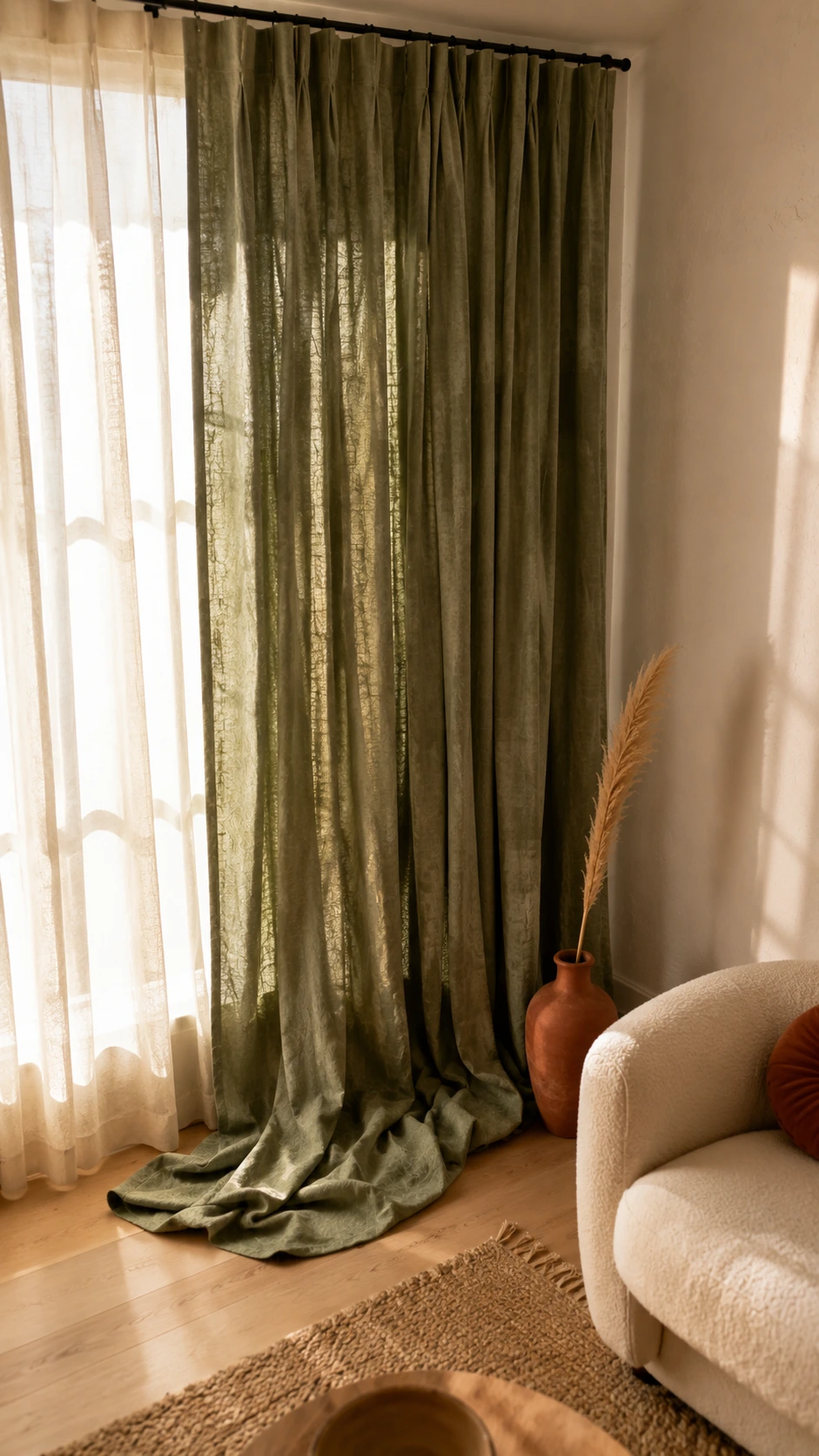 Dusty sage green linen curtains pooling onto oak hardwood floor in a softly lit living room, showing the elegant floor-length curtain look