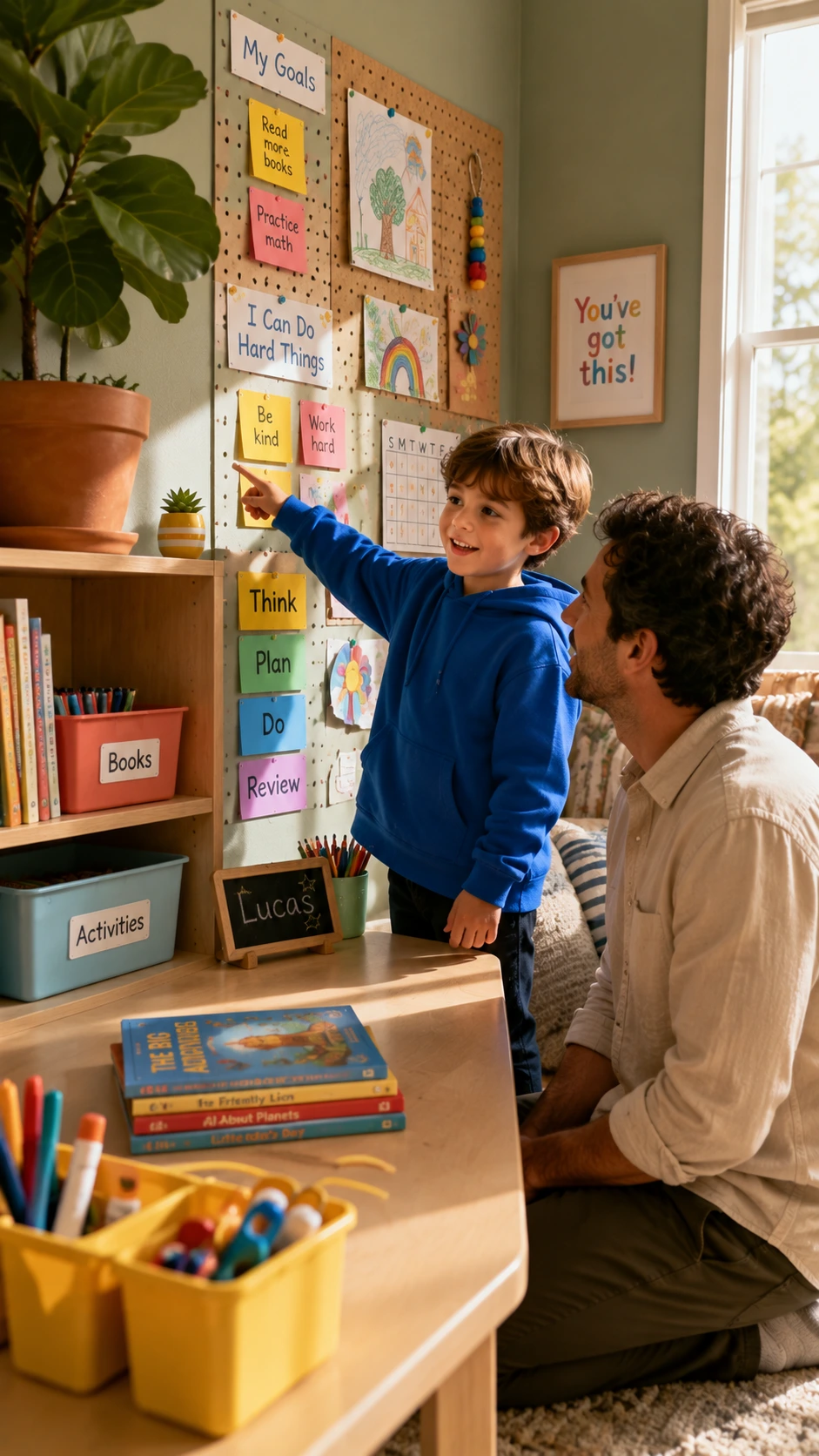 A seven-year-old decorates their sage green learning corner with colorful drawings and sticky notes, showing child-led setup that boosts ownership and motivation