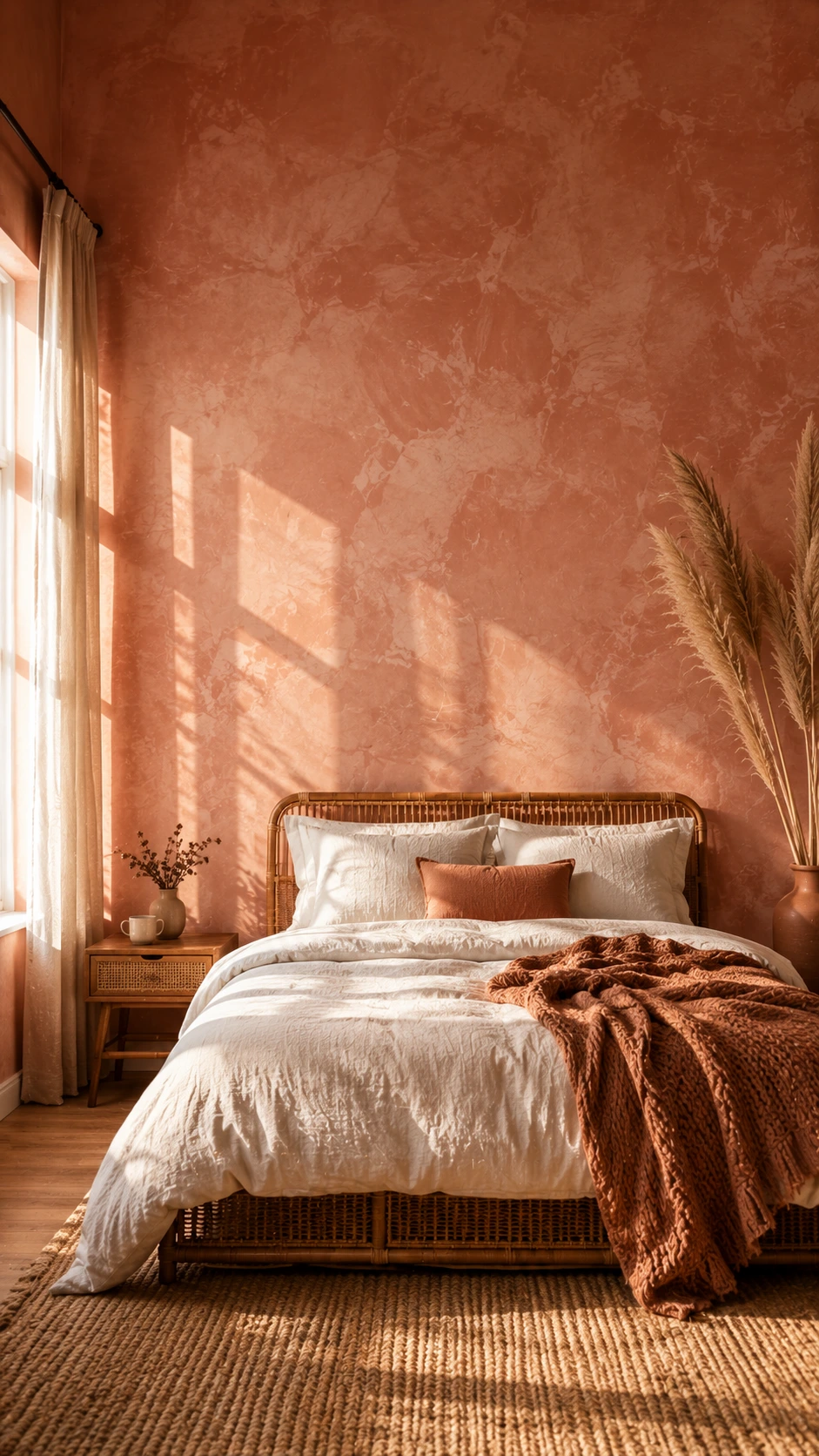 Sunlit bedroom feature wall painted in chalky terracotta limewash with layered dusty rose and warm sand tones creating organic, handcrafted texture