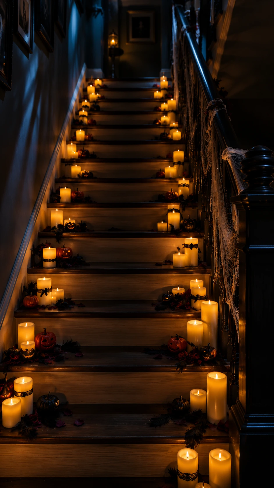 Flameless LED pillar candles in varying heights lining every step of a dark charcoal staircase, creating a warm amber glow for Halloween night decor