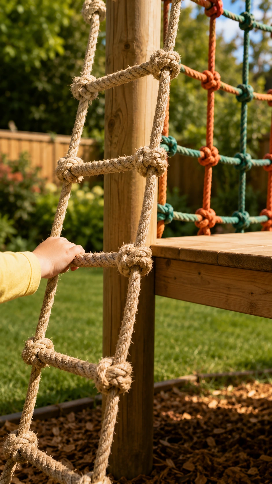 Low timber climbing structure with colorful rope netting in green and orange on a sunny backyard lawn, ideal for toddler-safe outdoor play