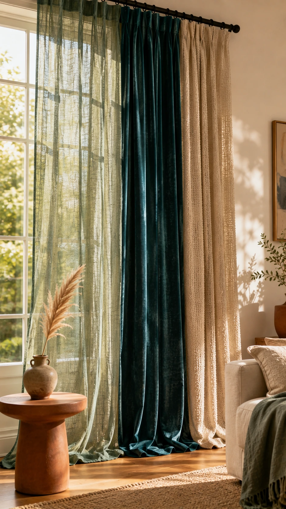 Sheer sage linen voile and textured drape panels layered on the same rod in a sunlit living room, showing how mixing curtain textures adds warmth and depth