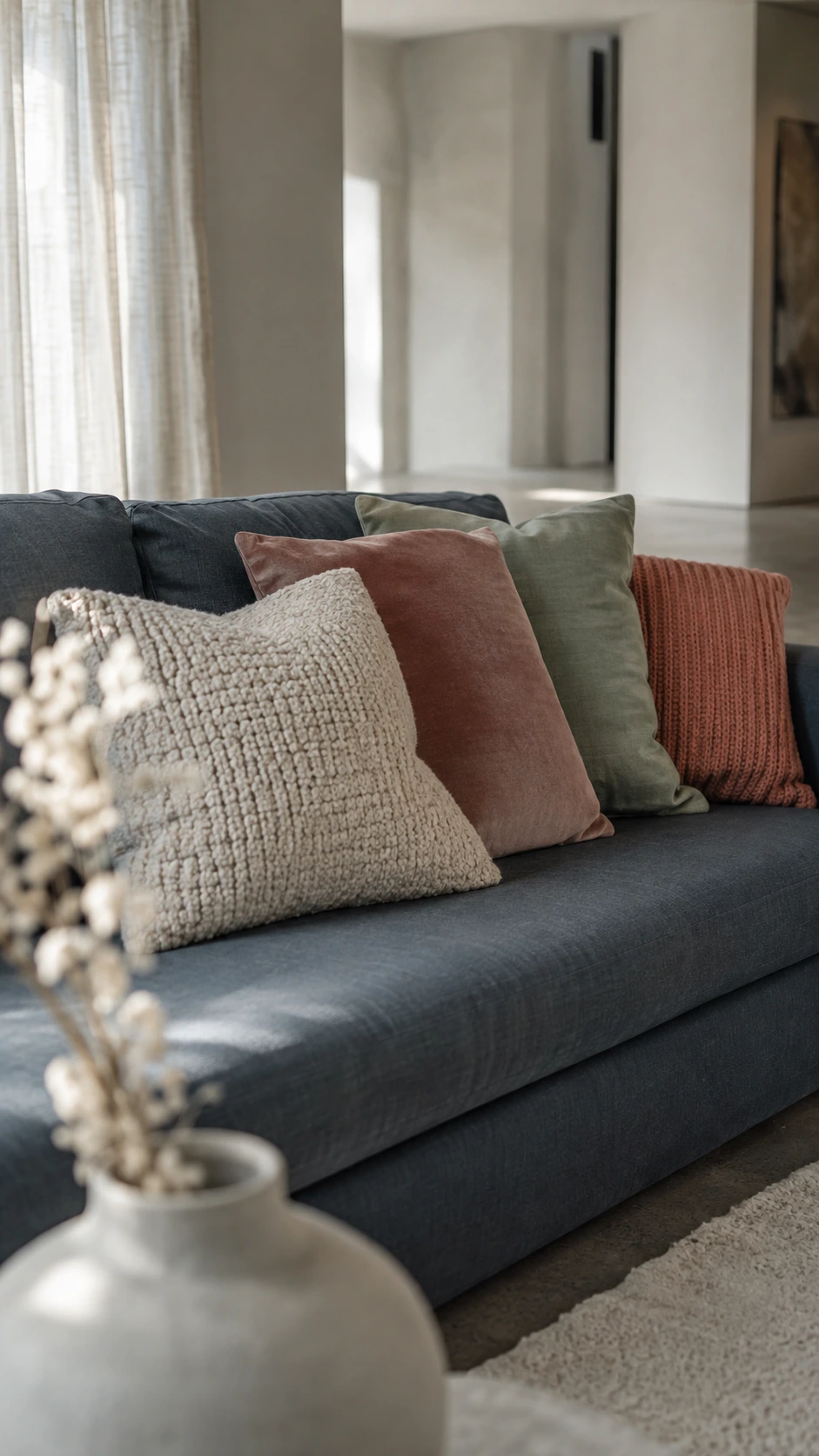 Close-up low-angle view of a modern sofa with mixed-texture pillows in a bright room with sheer linen curtains and concrete floors