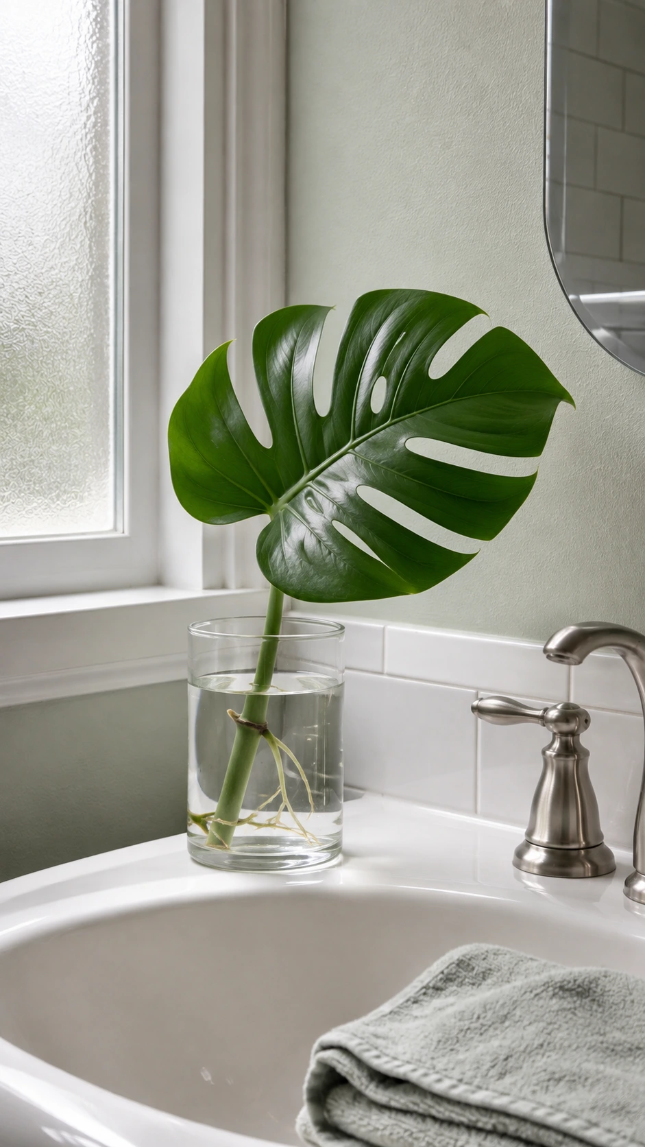 Single Monstera deliciosa cutting rooting in a clear glass vase on a white bathroom sink, lit by soft natural light from a frosted window