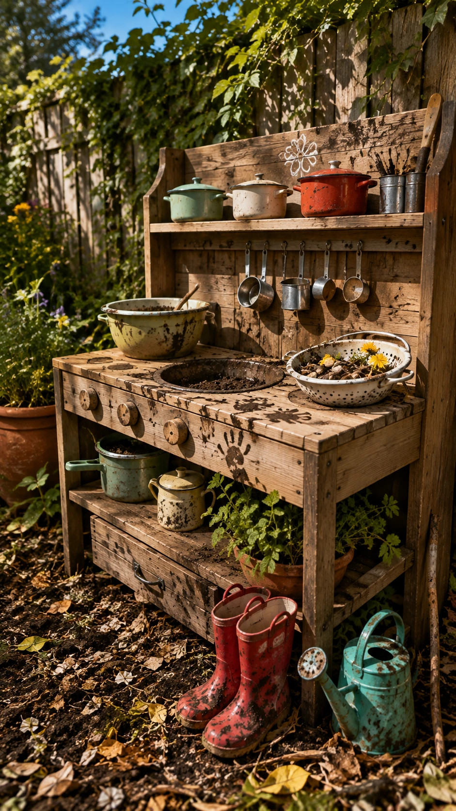 Child-sized reclaimed wood mud kitchen with mismatched enamel pots on shelves, set against a vine-covered fence in a sunlit backyard play area