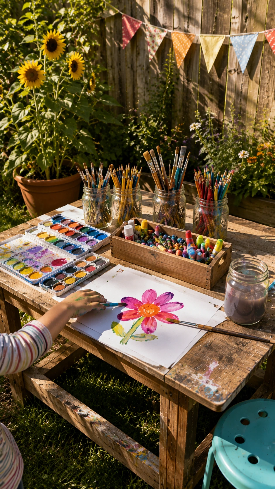 Weathered wooden art table set up as an outdoor art station in a sunny backyard corner, stocked with mason jars of supplies against cheerful bunting and green grass