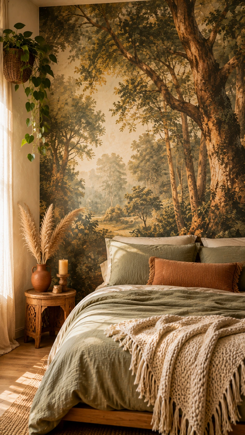 Oversized forest mural covering the full wall behind a linen bed, its painterly ancient trees creating dramatic vertical scale in a warm ivory and sage green bedroom
