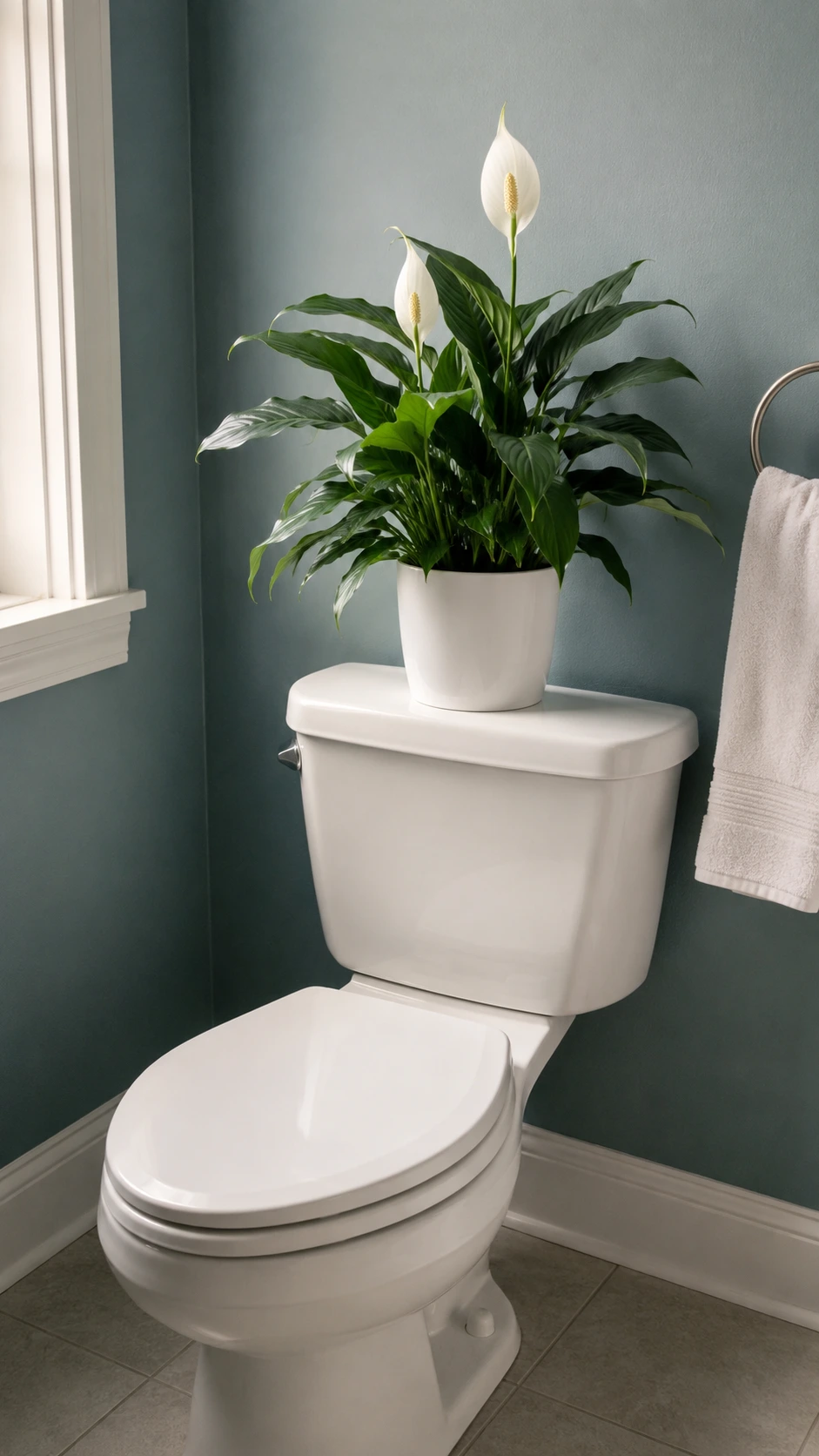 A healthy Peace Lily in a white ceramic pot sits on the back of a white toilet against a dusty blue-green wall, showing how bathroom plant ideas use unused vertical space