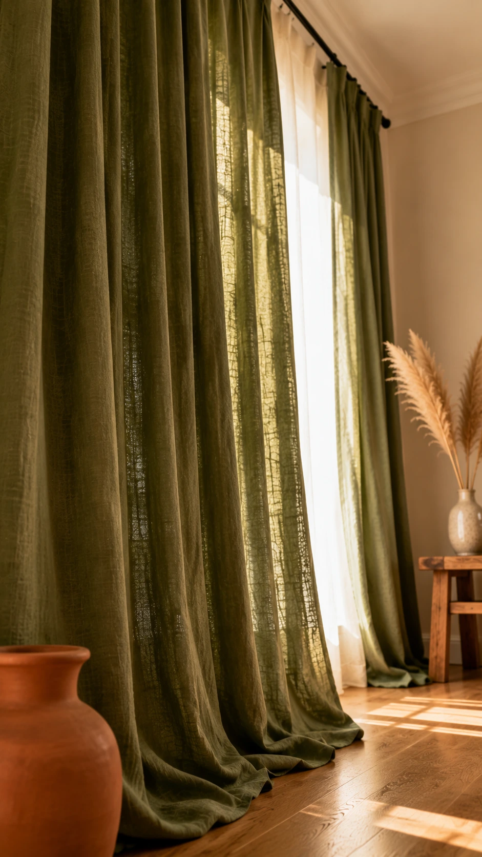 Deep sage green floor-to-ceiling curtains hang in full folds from a matte black rod, making curtain color feel bold and intentional in a sun-filled living room