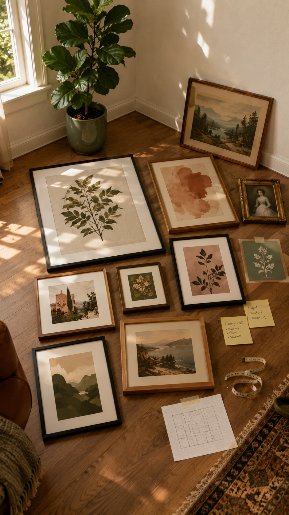 Curated gallery wall layout planned flat on hardwood floor before hanging, showing framed art arranged in a corner living room with warm afternoon light
